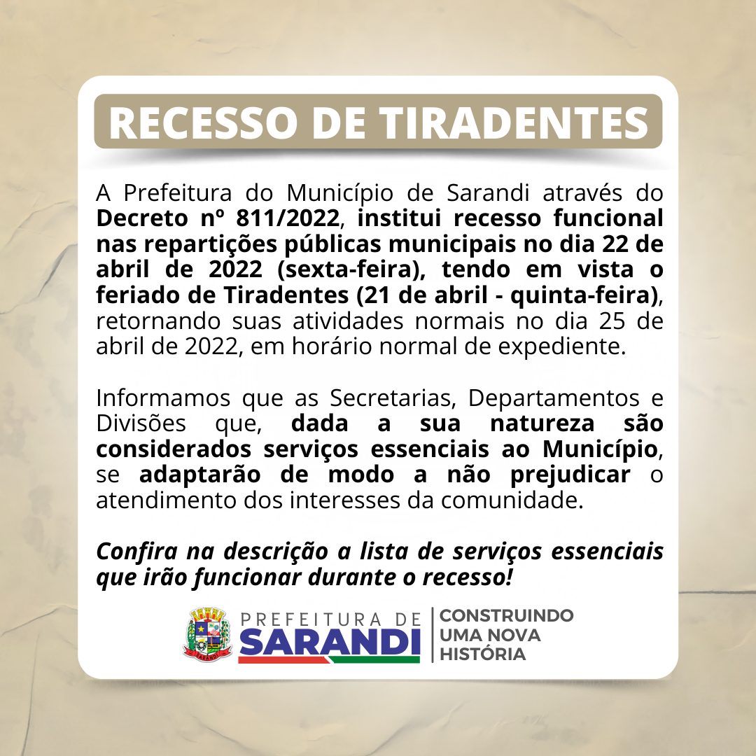 Recesso Tiradentes - Decreto nº 811/2022